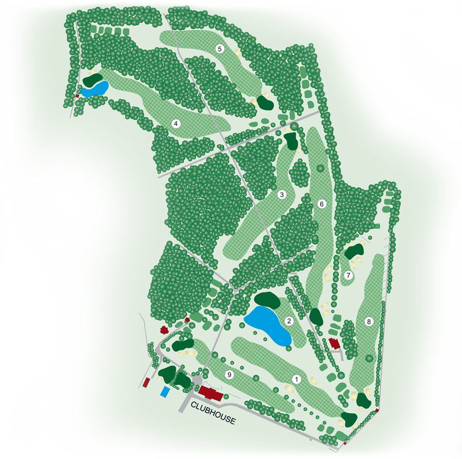 Birdiebook Übersicht des Golfplatzes Birdiebook Karte mit verschiedenen markierten Plätzen auf dem Golfplatz.