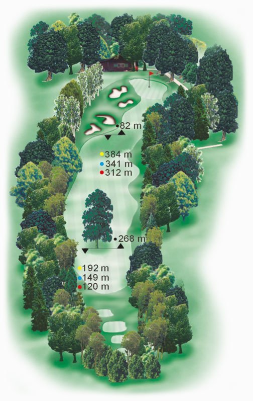 Birdiebook Karte Loch 6 mit Entfernungen Birdiebook Karte von Loch 6, zeigt Golfern wichtige Entfernungsangaben und strategische Punkte auf dem Platz.