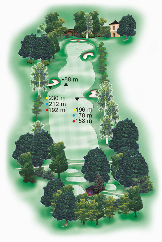 Birdiebook Karte Loch 1 Birdiebook Karte von Loch 1 mit Entfernungen für jedes Schlagziel auf dem Golfplatz.