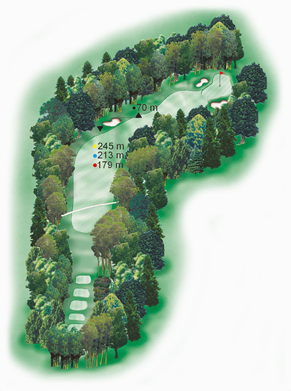 Birdiebook Karte Loch 5 mit Entfernungen Birdiebook Karte von Loch 5, die wichtige Entfernungen und strategische Hinweise für Golfer anzeigt.