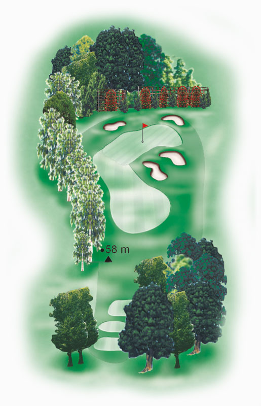 Birdiebook Karte Loch 7 mit Entfernungen Birdiebook Karte von Loch 7, die Golfern wichtige Entfernungsangaben und strategische Hinweise für das Loch bietet.