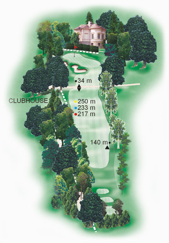 Birdiebook Karte Loch 9 mit Entfernungen Birdiebook Karte von Loch 9, zeigt wichtige Entfernungen und strategische Punkte für Golfer auf diesem Abschnitt des Golfplatzes.